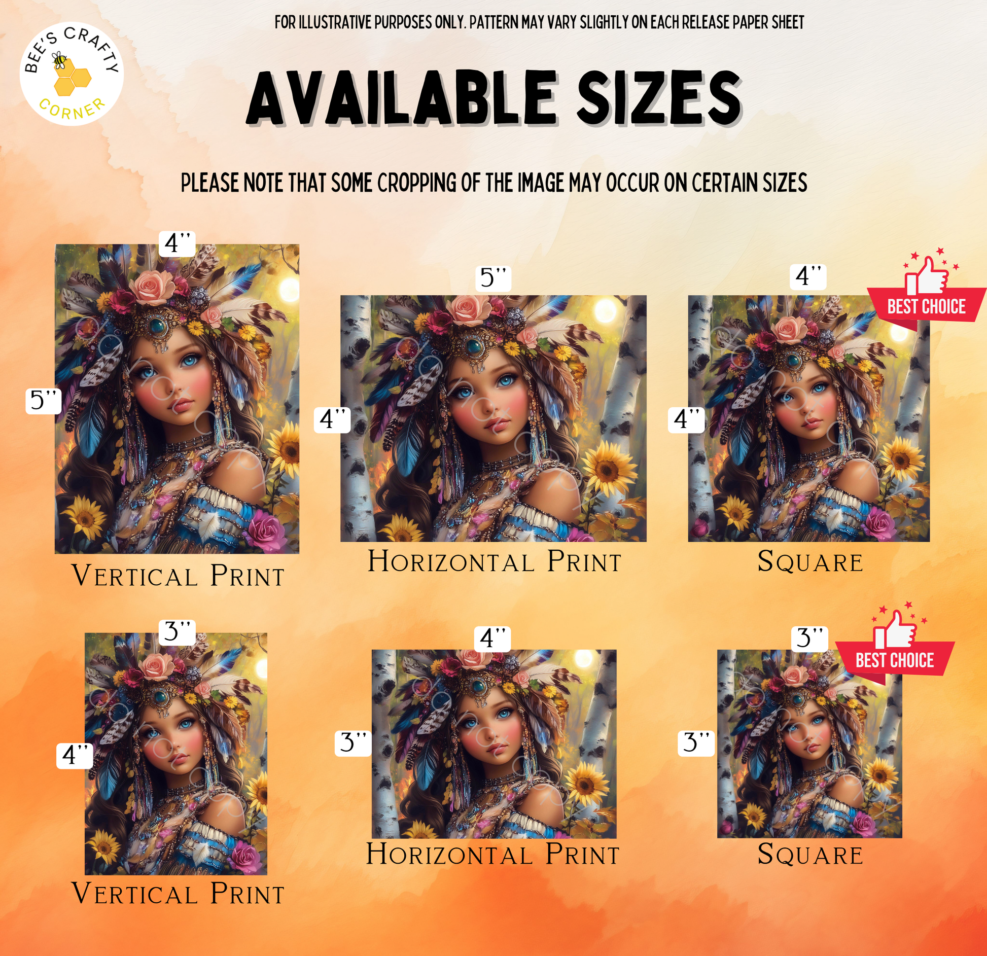 The image is a collage of six different sizes of the same artistic illustration, featuring a woman with a colorful headdress and floral elements. The sizes range from 4" to 5" and are labeled accordingly.