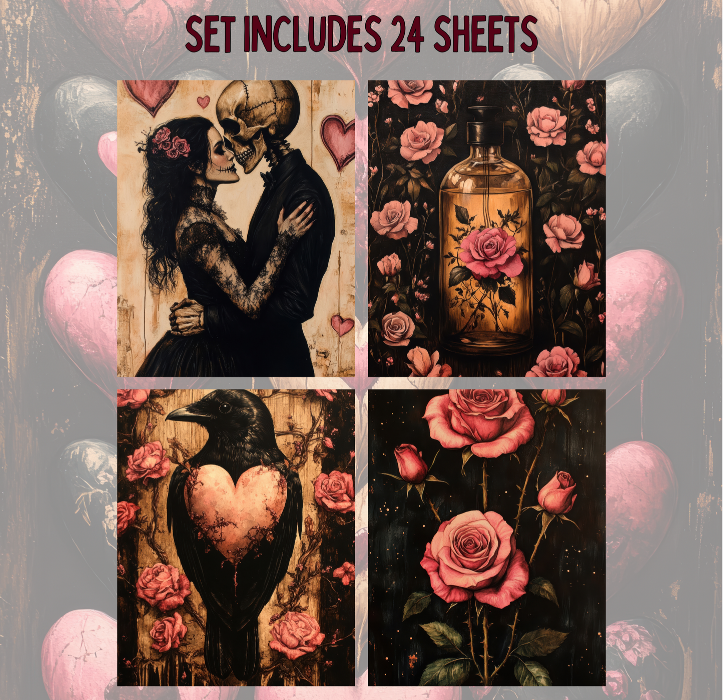 The image is a collage of four distinct artworks, each featuring a different theme and subject matter. The artworks include a skeleton and a couple embracing, a bottle of roses, a black bird with a heart on its chest, and a bouquet of pink roses.