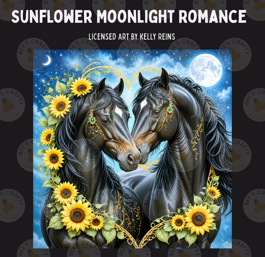 two horses standing close together, with a full moon and a crescent moon in the background. The horses are adorned with sunflowers and other flowers, creating a romantic and whimsical atmosphere.