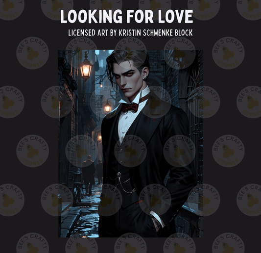 The image is a digital illustration featuring a man dressed in a tuxedo standing in a dark alleyway.
