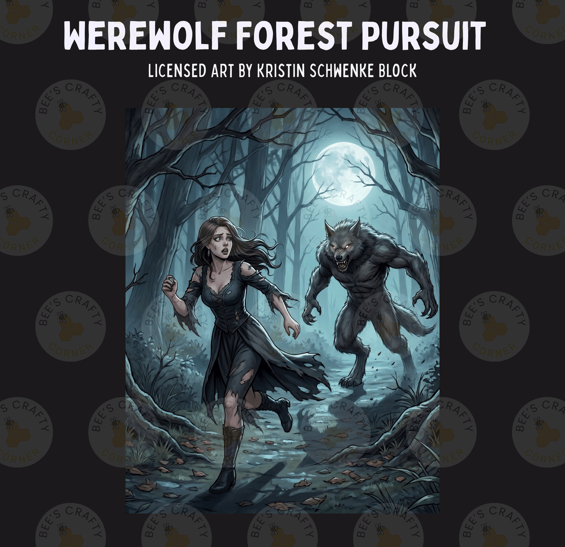 a woman running through a dark, mysterious forest with a werewolf chasing her.