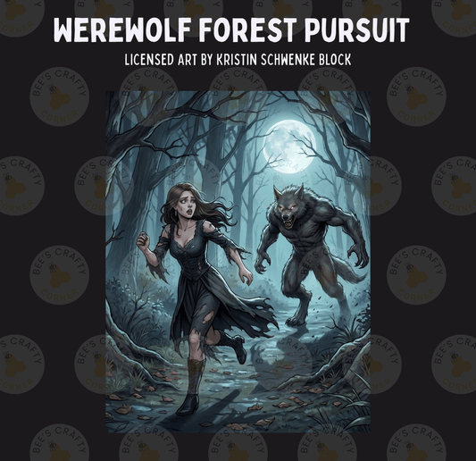 a woman running through a dark, mysterious forest with a werewolf chasing her.