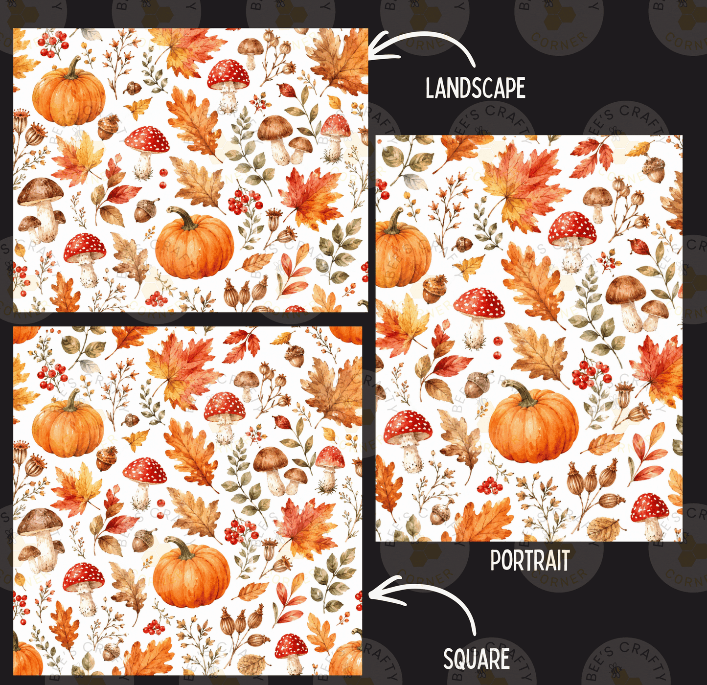 a collage of three square images, each featuring a landscape and a portrait of autumn leaves and pumpkins. The landscape image is labeled "LANDSCAPE" and the portrait image is labeled "PORTRAIT".