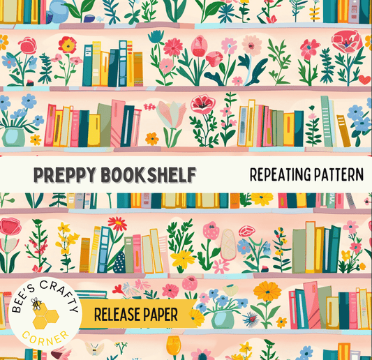 The image is a repeating pattern of colorful bookshelves filled with various books and flowers.