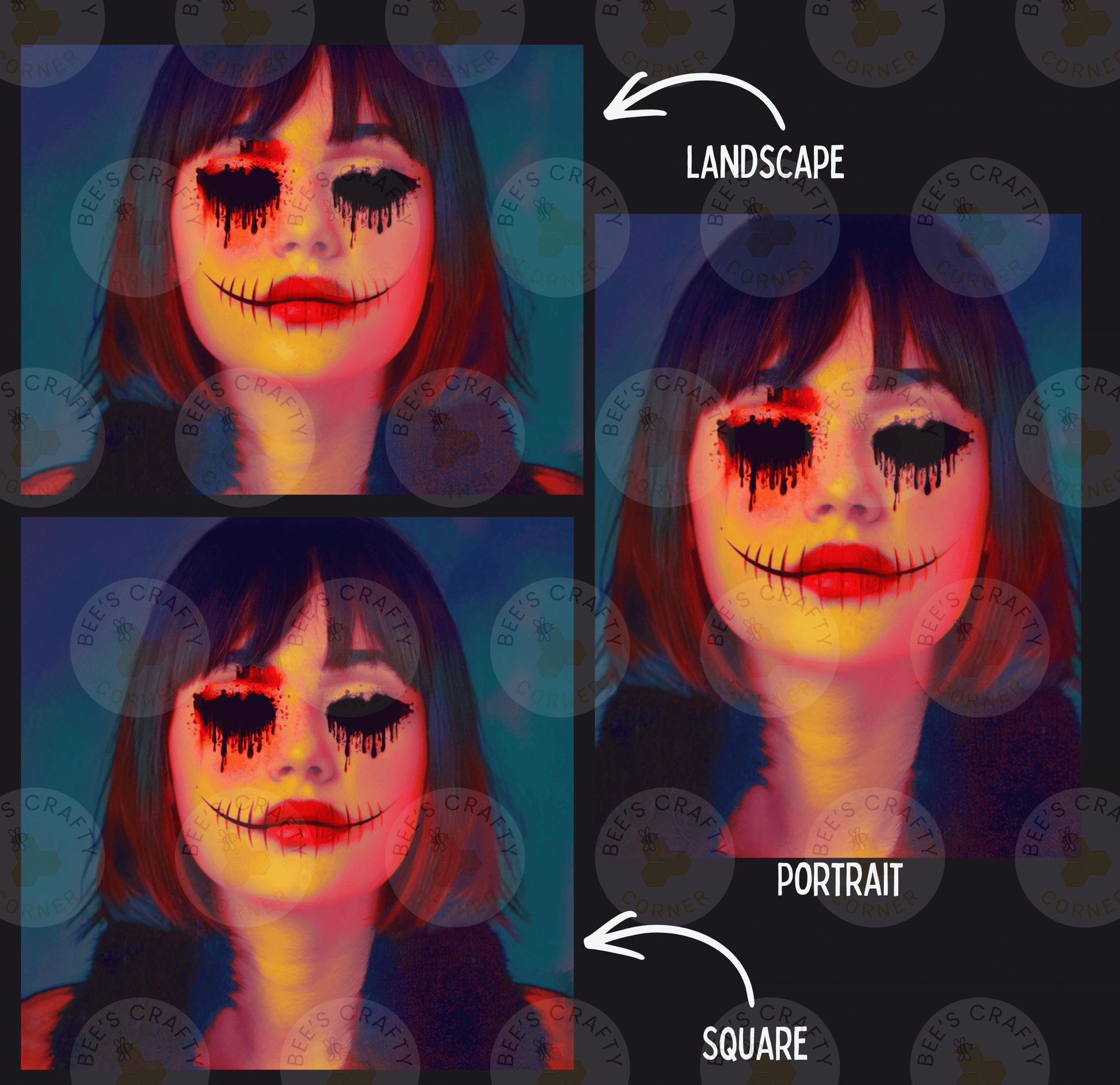 The image is a collage of three images depicting a woman with dramatic makeup and a landscape background. The first image shows the woman's face with a landscape background, the second image shows the same woman with a portrait background, and the third image shows the woman's face with a square background.