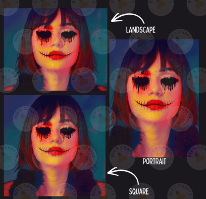 The image is a collage of three images depicting a woman with dramatic makeup and a landscape background. The first image shows the woman's face with a landscape background, the second image shows the same woman with a portrait background, and the third image shows the woman's face with a square background.