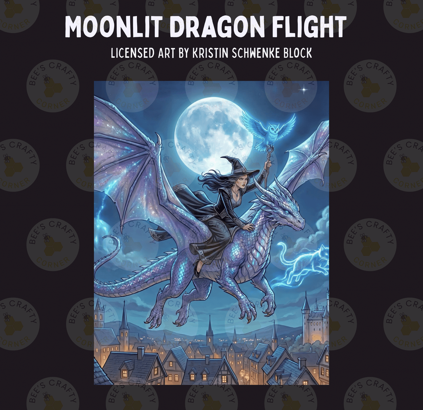 a woman riding a dragon through a cityscape at night, with a full moon and lightning in the background.