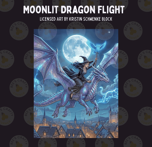 a woman riding a dragon through a cityscape at night, with a full moon and lightning in the background.