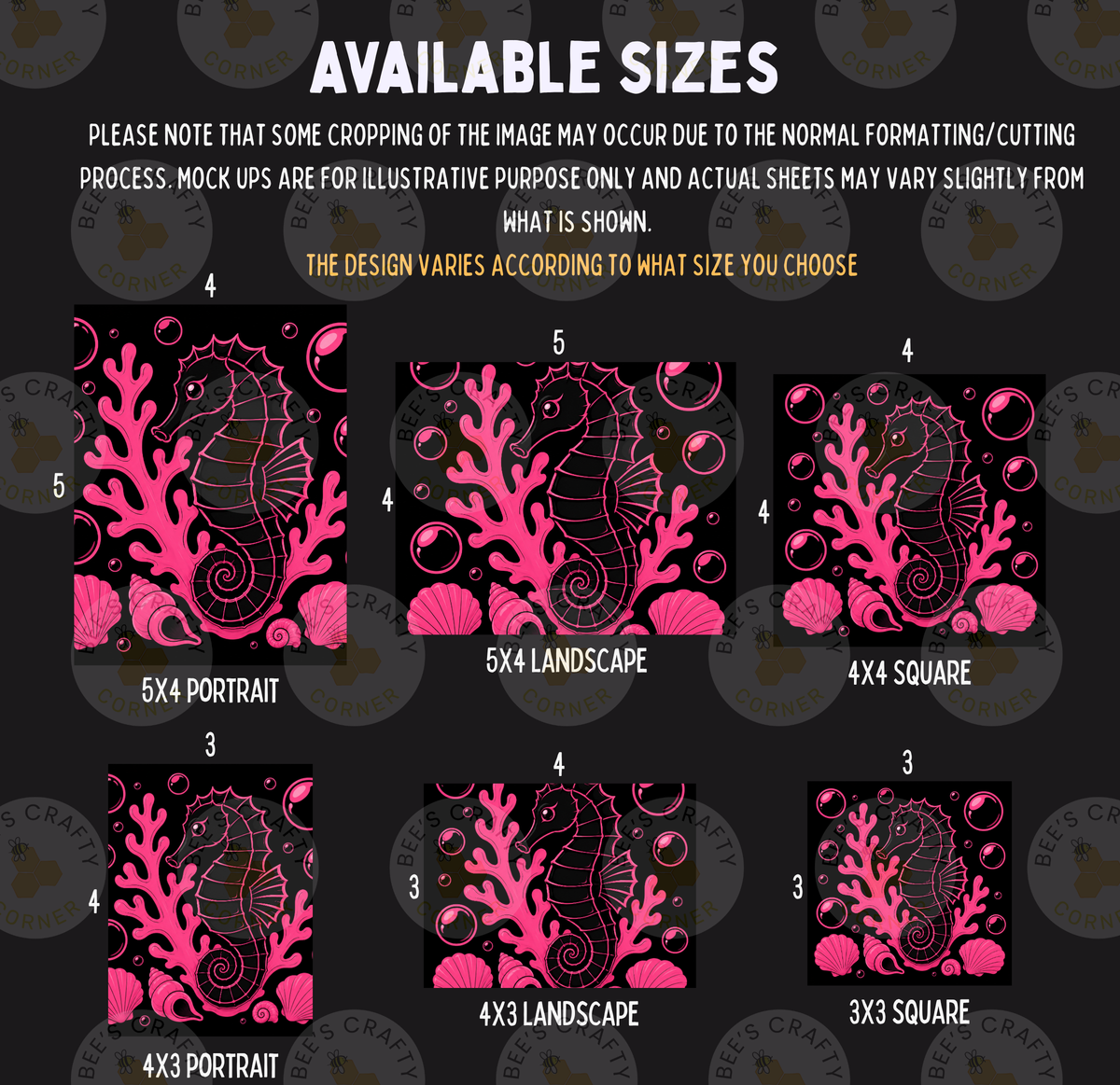 various sizes of pink and black images featuring a seahorse and coral, along with text providing information about the available sizes and the design variations.