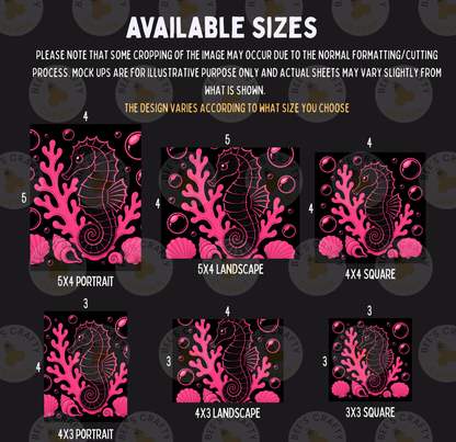 various sizes of pink and black images featuring a seahorse and coral, along with text providing information about the available sizes and the design variations.