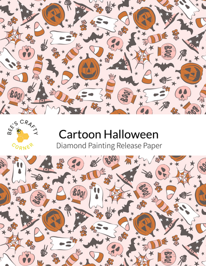 The image is a repeating pattern of Halloween-themed illustrations, including bats, pumpkins, candy canes, and ghostly figures. The pattern is predominantly pink and black, with various shades of orange and brown adding to the festive atmosphere. The text "Cartoon Halloween" is visible, indicating the theme of the image.
