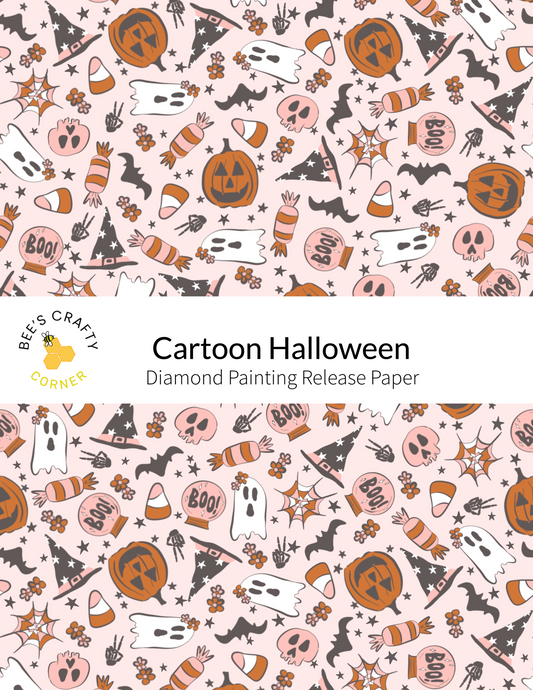 The image is a repeating pattern of Halloween-themed illustrations, including bats, pumpkins, candy canes, and ghostly figures. The pattern is predominantly pink and black, with various shades of orange and brown adding to the festive atmosphere. The text "Cartoon Halloween" is visible, indicating the theme of the image.