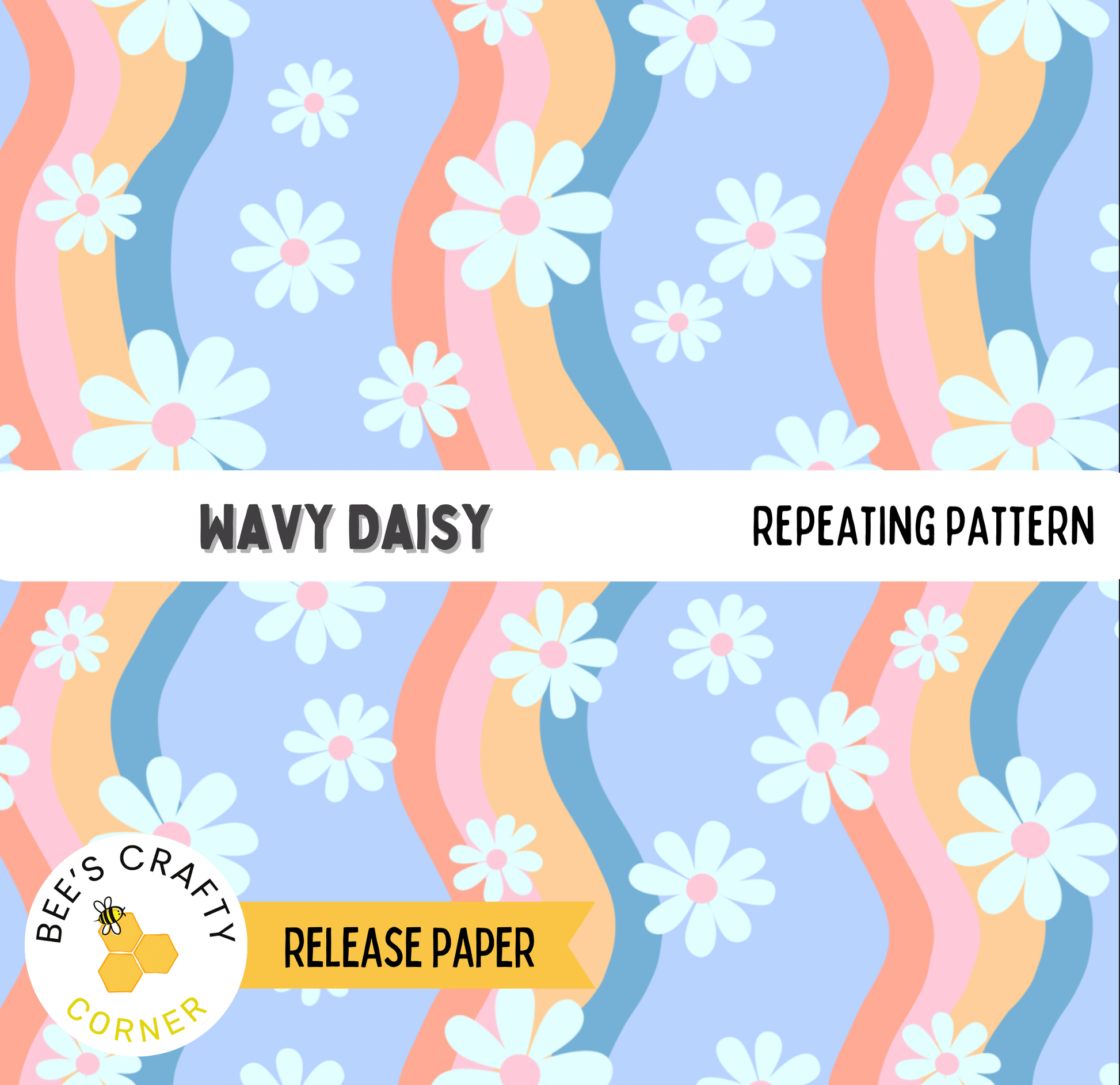 The image is a repeating pattern of white flowers with pink centers against a blue background, featuring a repeating pattern of curved lines.