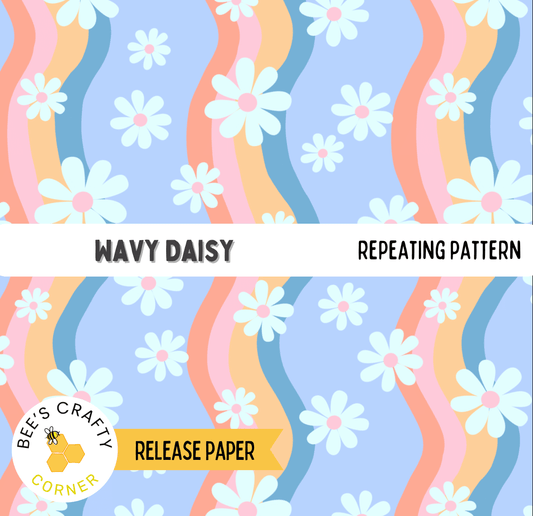 The image is a repeating pattern of white flowers with pink centers against a blue background, featuring a repeating pattern of curved lines.