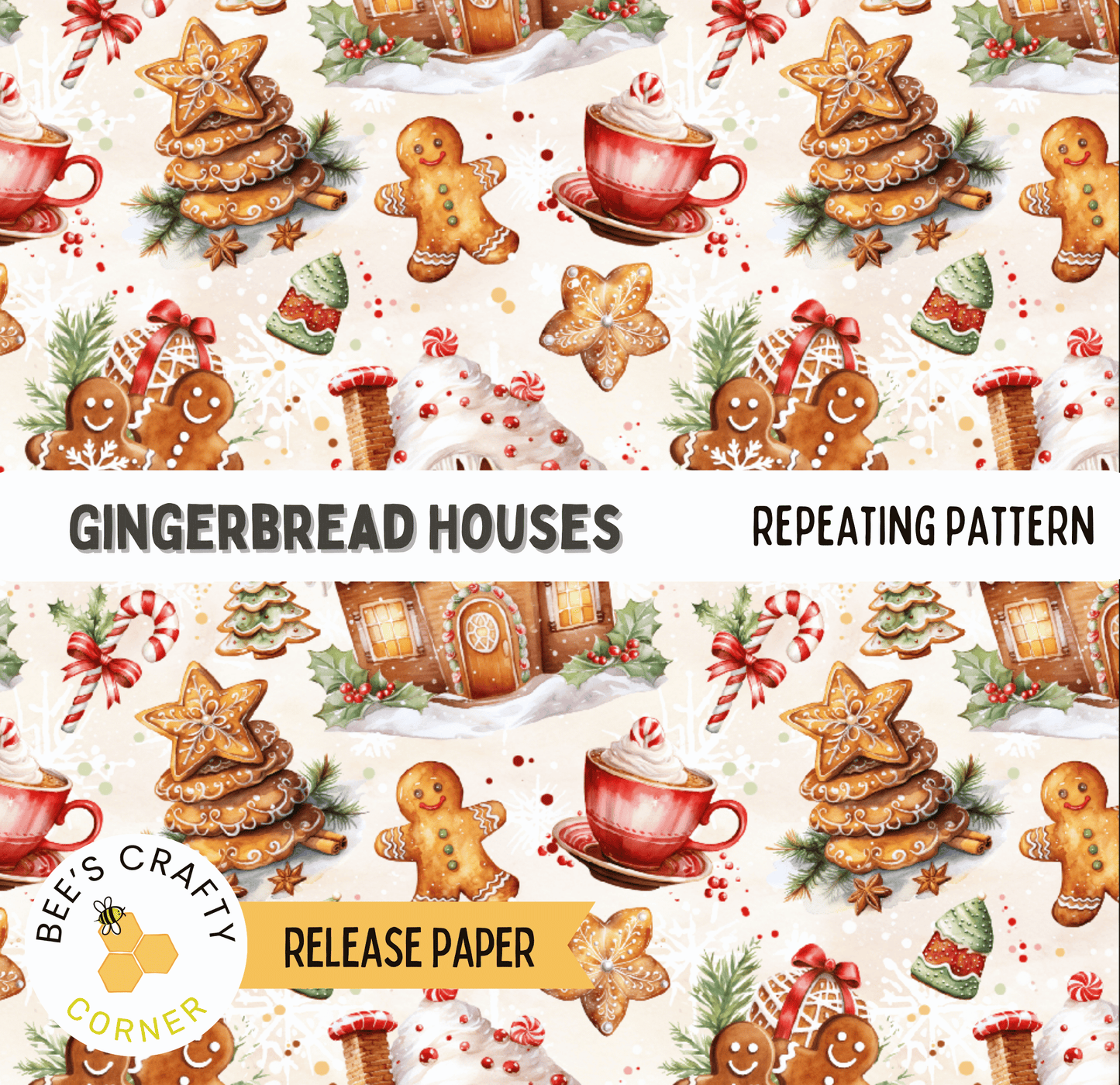 The image is a repeating pattern of various gingerbread houses, cups, and other festive elements, including stars, snowflakes, and candy canes, all set against a light background.
