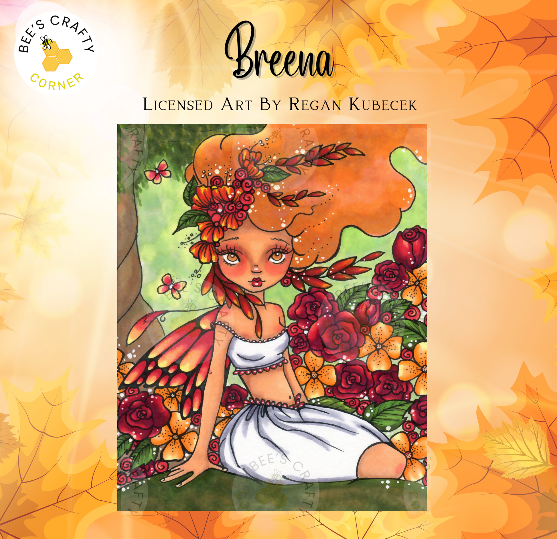 The image is a vibrant illustration featuring a fairy-like character surrounded by a lush, colorful garden filled with flowers and leaves.
