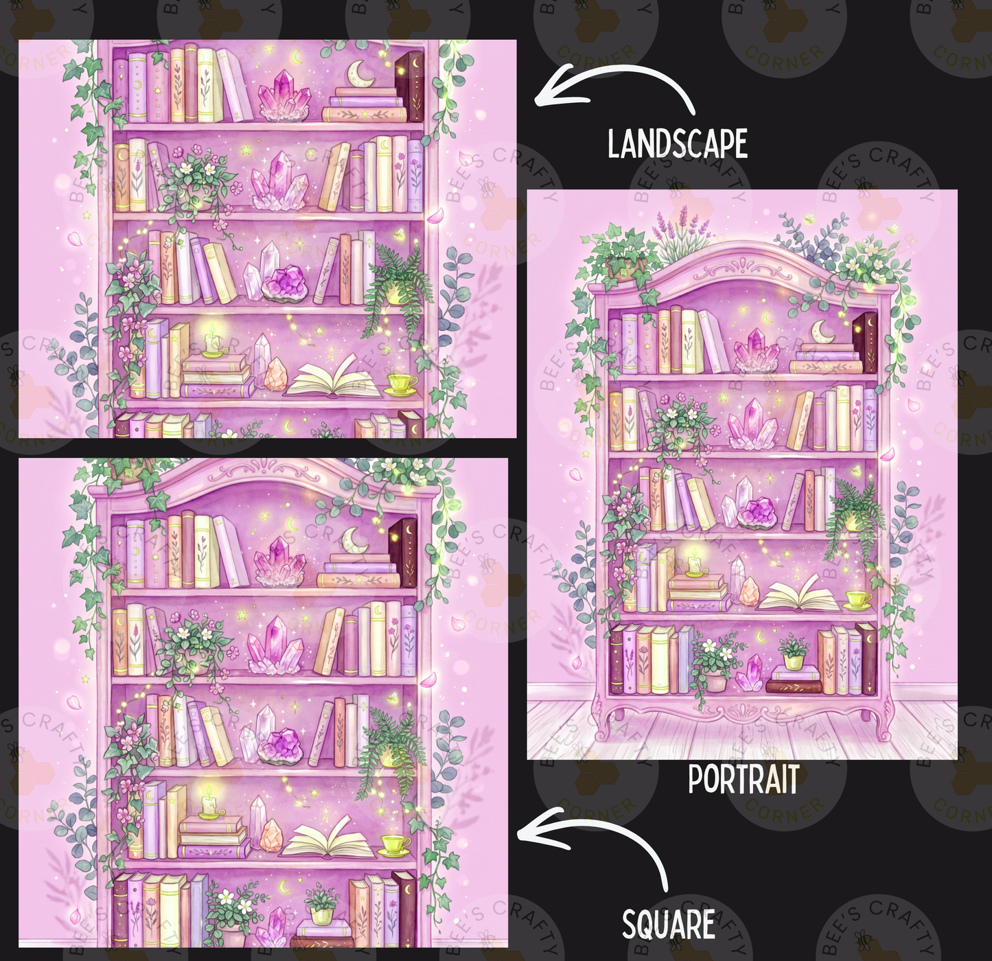 The image is a collage of three pictures depicting a pink bookshelf with various items on its shelves, including books, plants, and crystals. The bookshelf is surrounded by a pink and green color scheme, creating a whimsical and enchanting atmosphere. The images are labeled as "Landscape" and "Portrait" to indicate the different perspectives of the bookshelf.