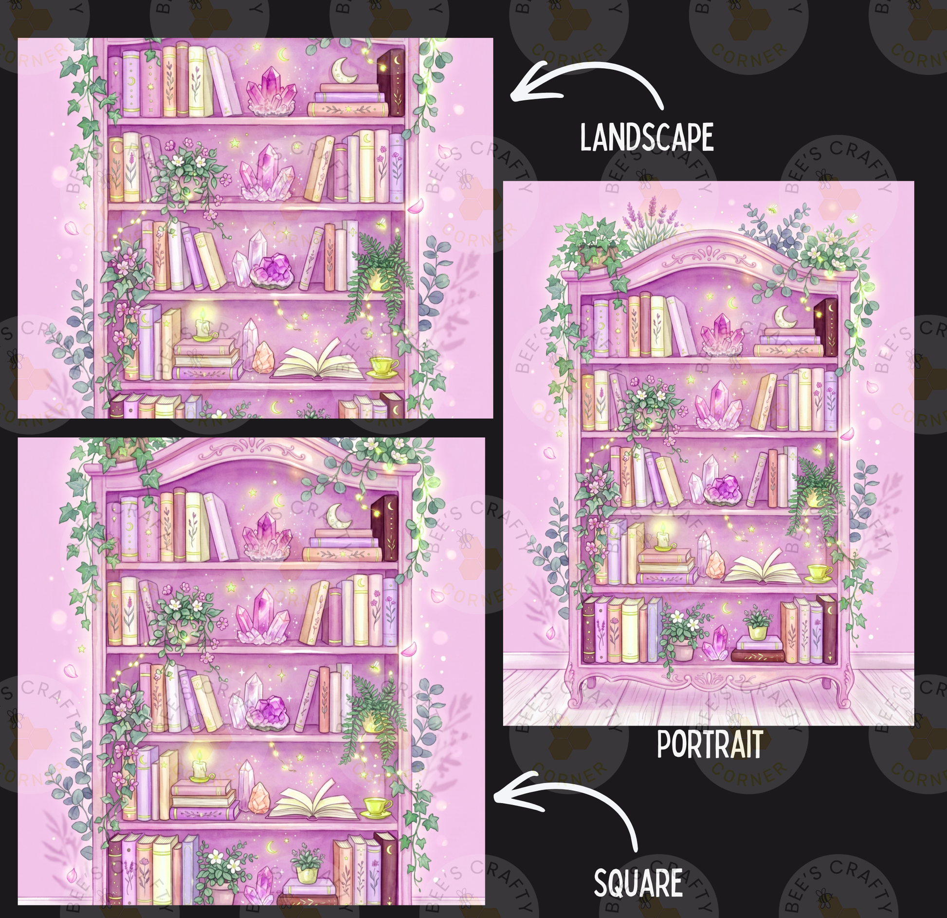 The image is a collage of three pictures depicting a pink bookshelf with various items on its shelves, including books, plants, and crystals. The bookshelf is surrounded by a pink and green color scheme, creating a whimsical and enchanting atmosphere. The images are labeled as "Landscape" and "Portrait" to indicate the different perspectives of the bookshelf.