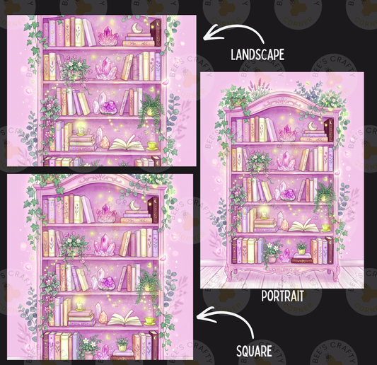 The image is a collage of three pictures depicting a pink bookshelf with various items on its shelves, including books, plants, and crystals. The bookshelf is surrounded by a pink and green color scheme, creating a whimsical and enchanting atmosphere. The images are labeled as "Landscape" and "Portrait" to indicate the different perspectives of the bookshelf.