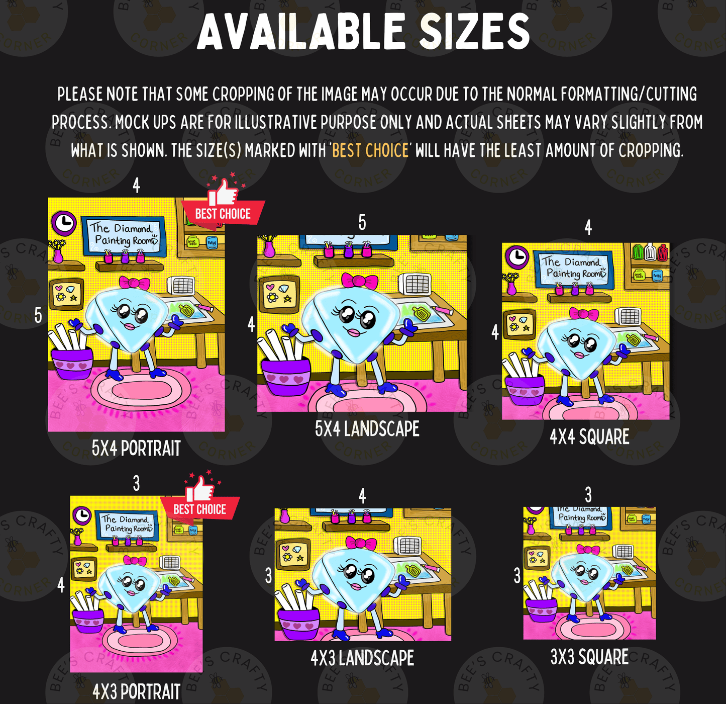 a collection of cartoon-style illustrations of a diamond-shaped character, each representing a different size. The illustrations are arranged in a grid format, with the sizes ranging from 5x4 to 5x3. The illustrations are labeled with the corresponding size, and there is a note that some cropping may occur due to the normal formatting/cutting process. The illustrations are marked as "Best Choice" for size 5, indicating that the size 5x4 landscape is the most preferred option.