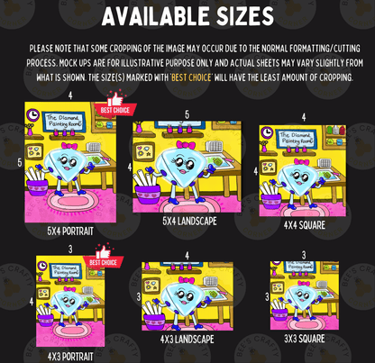a collection of cartoon-style illustrations of a diamond-shaped character, each representing a different size. The illustrations are arranged in a grid format, with the sizes ranging from 5x4 to 5x3. The illustrations are labeled with the corresponding size, and there is a note that some cropping may occur due to the normal formatting/cutting process. The illustrations are marked as "Best Choice" for size 5, indicating that the size 5x4 landscape is the most preferred option.