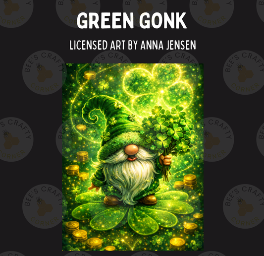 The image is a digital illustration featuring a gnome character surrounded by a lush, green landscape with shamrocks, coins, and a glowing, ethereal atmosphere.