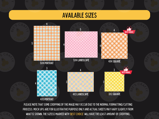 a variety of available sizes for a pattern, including portrait, landscape, square, and square.
