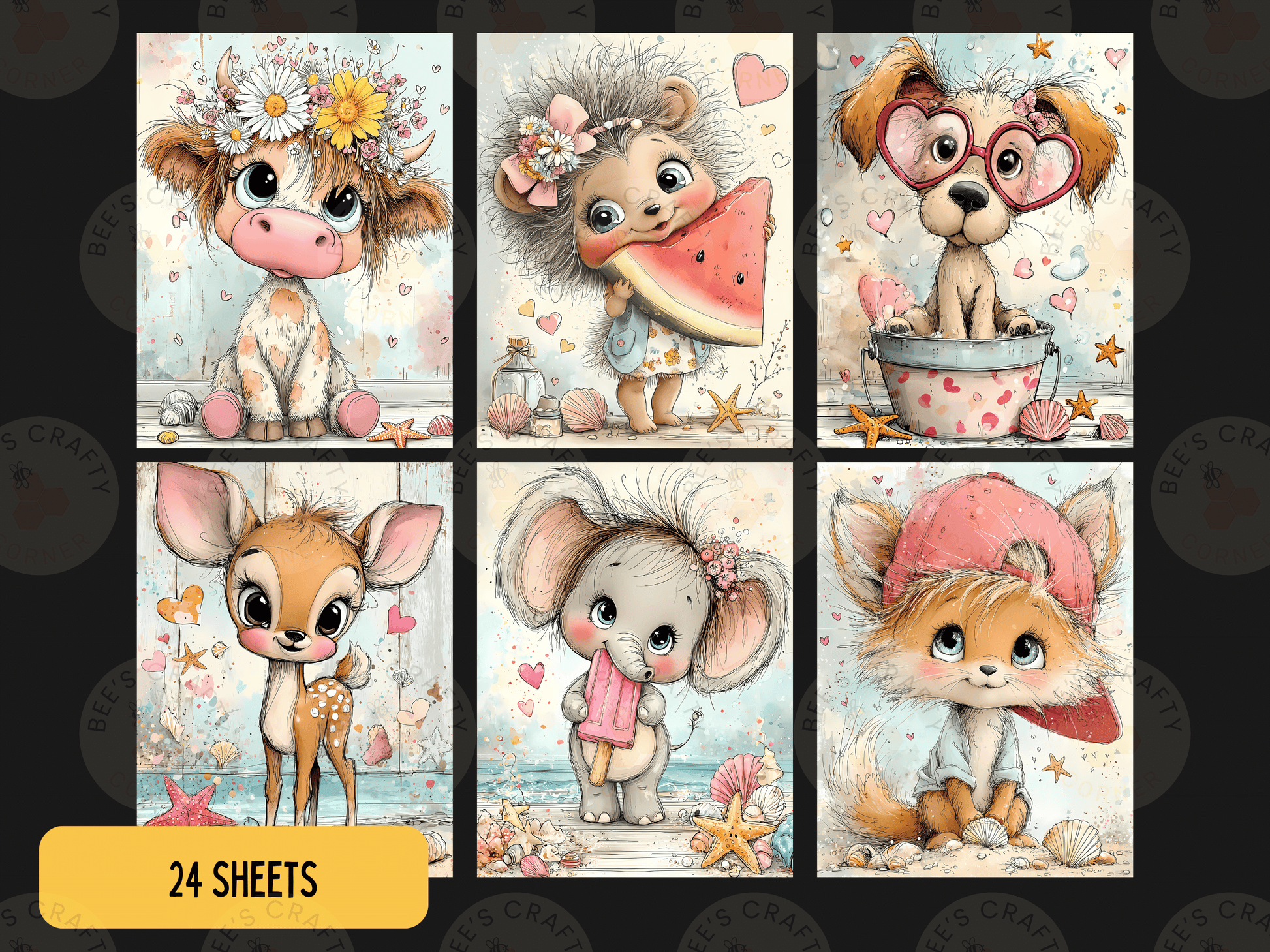 The image is a collage of six cute animal illustrations, each featuring a different animal and a unique background. The animals include a cow, a mouse, a dog, a cat, a deer, and a rabbit. The background depicts various elements such as flowers, seashells, and stars. The image is a collection of 24 individual animal illustrations, each with its own unique style and color scheme.