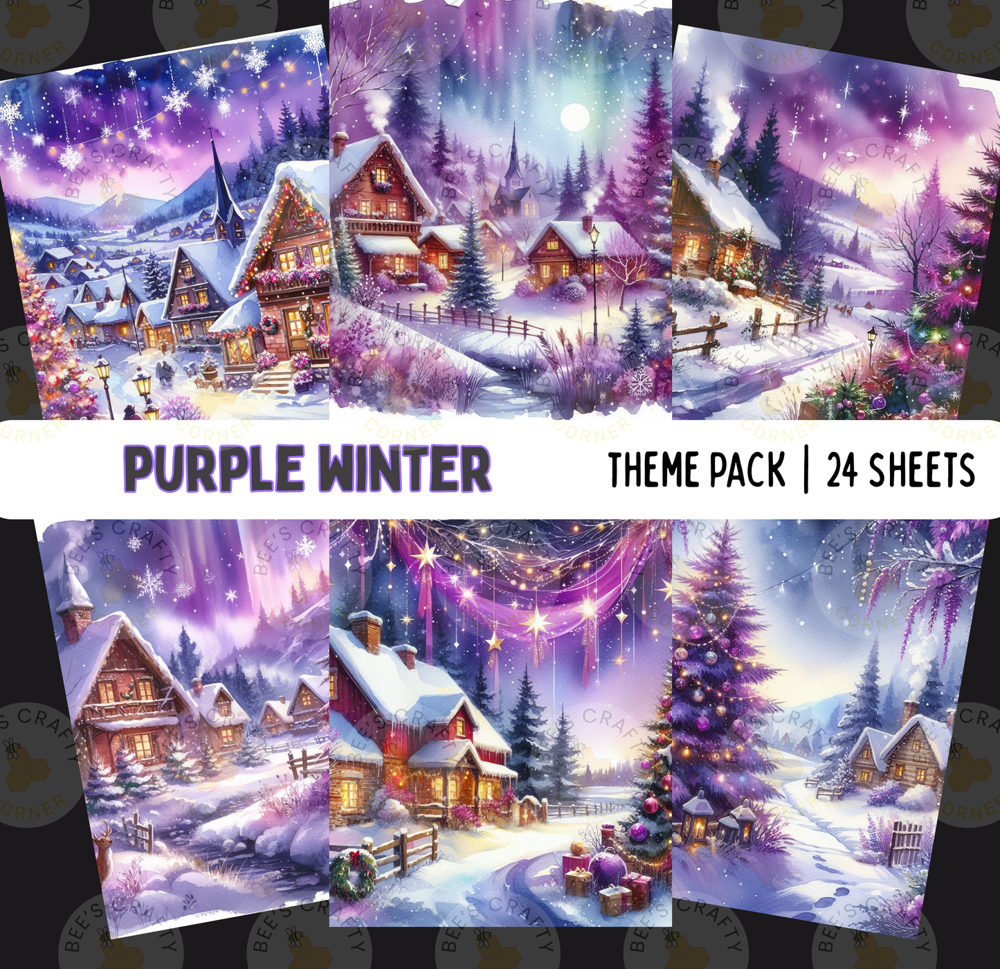 The image is a collage of 24 pictures depicting a winter village scene with snow-covered houses, trees, and a full moon. The overall color scheme is predominantly purple and blue, creating a serene and picturesque atmosphere.