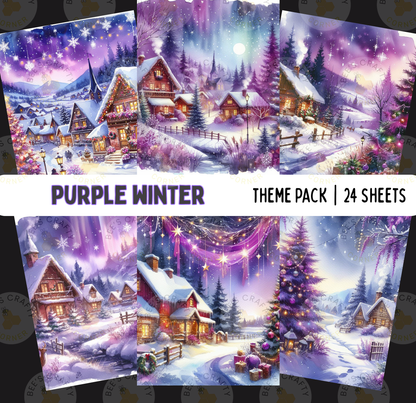 The image is a collage of 24 pictures depicting a winter village scene with snow-covered houses, trees, and a full moon. The overall color scheme is predominantly purple and blue, creating a serene and picturesque atmosphere.