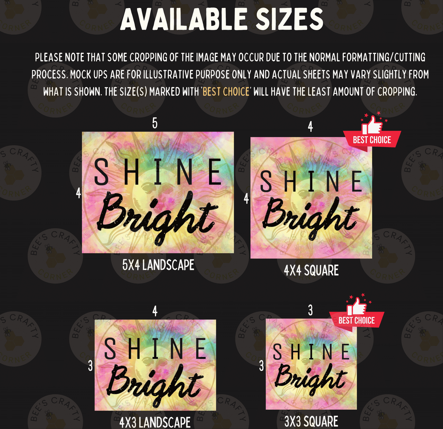 four different sizes of the word "Shine Bright" in various styles and formats, including landscapes, squares, and a 3x3 square. The sizes are labeled with numbers and the text "5X4 LANDSCAPE", "4X4 SQUARE", "3X3 SQUARE", and "3X3 3X3".