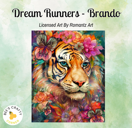 The image is a vibrant and colorful painting of a tiger surrounded by a variety of flowers and butterflies.