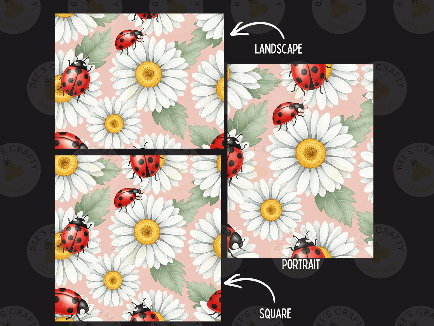 a repeating pattern of white daisies with red ladybugs on a pink background. There are two images: one with a landscape and the other with a portrait.