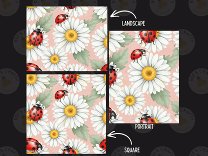 a repeating pattern of white daisies with red ladybugs on a pink background. There are two images: one with a landscape and the other with a portrait.