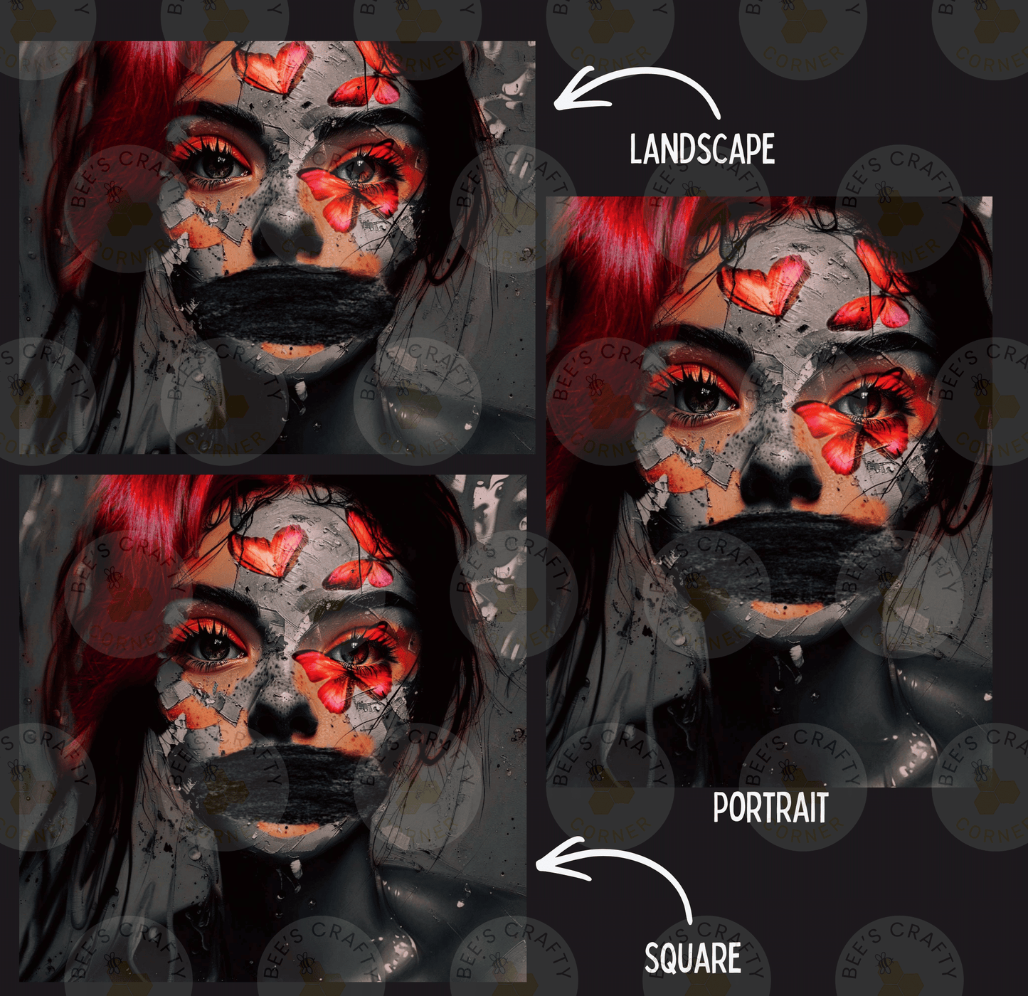 The image is a collage of three images depicting a woman with a striking face design. The face is adorned with red and orange butterfly motifs, and the woman's hair is styled in a way that obscures her face. The images are labeled "LANCESTYLE", "PORTRAIT", and "SQUARE", indicating the different artistic styles or perspectives used in the collage.