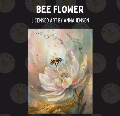 The image is a painting titled "Bee Flower" by Anna Jensen, featuring a bee pollinating a flower.