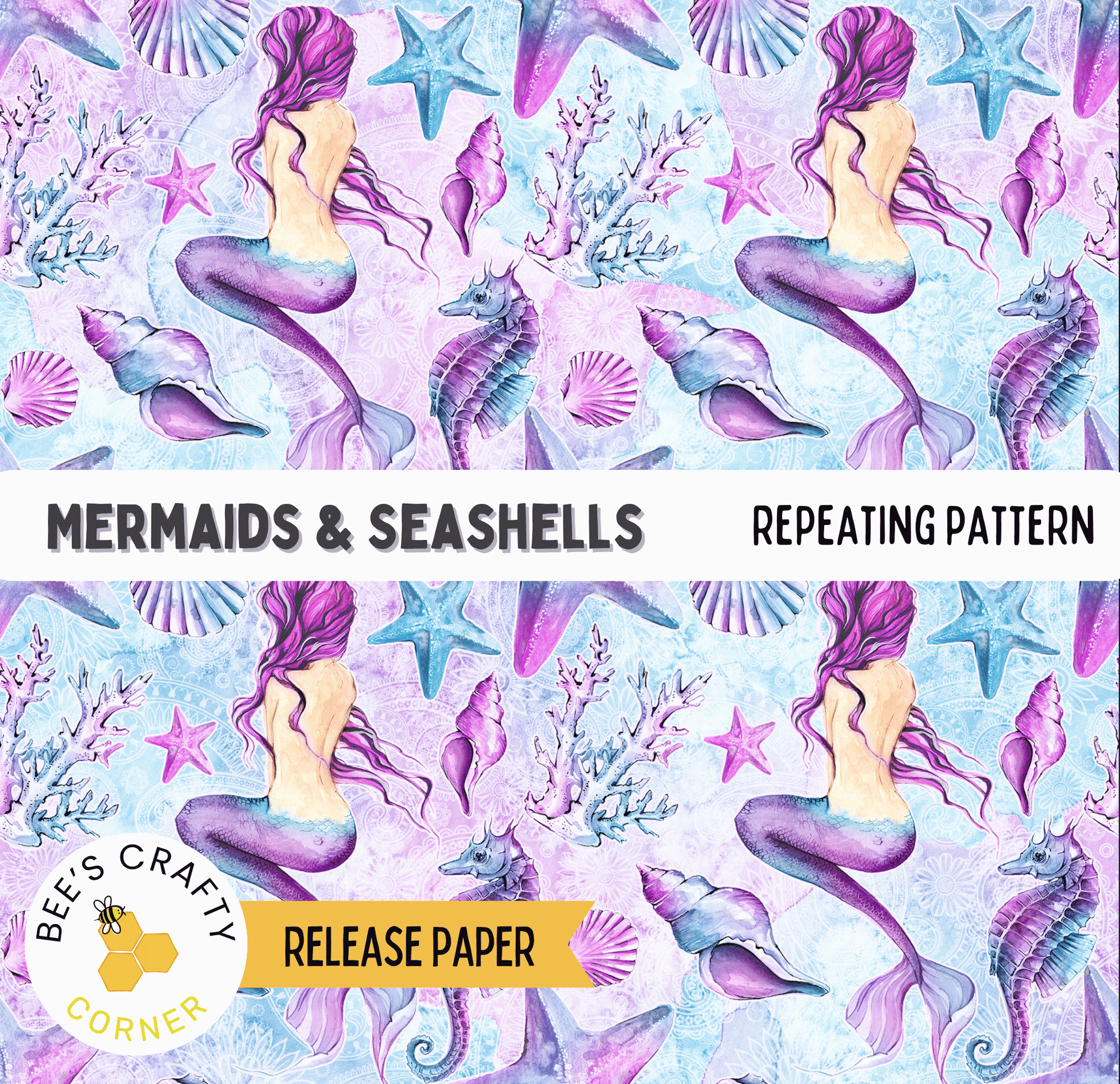 The image is a repeating pattern featuring mermaids and seashells in shades of purple and blue.