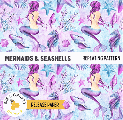 The image is a repeating pattern featuring mermaids and seashells in shades of purple and blue.
