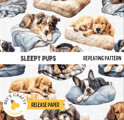 The image is a repeating pattern of various dog breeds sleeping on different types of dog beds, including a large dog bed, a small dog bed, and a dog bed with a checkered pattern.