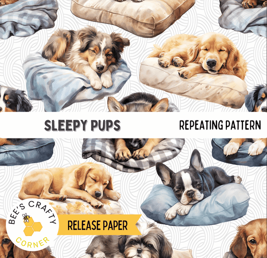 The image is a repeating pattern of various dog breeds sleeping on different types of dog beds, including a large dog bed, a small dog bed, and a dog bed with a checkered pattern.