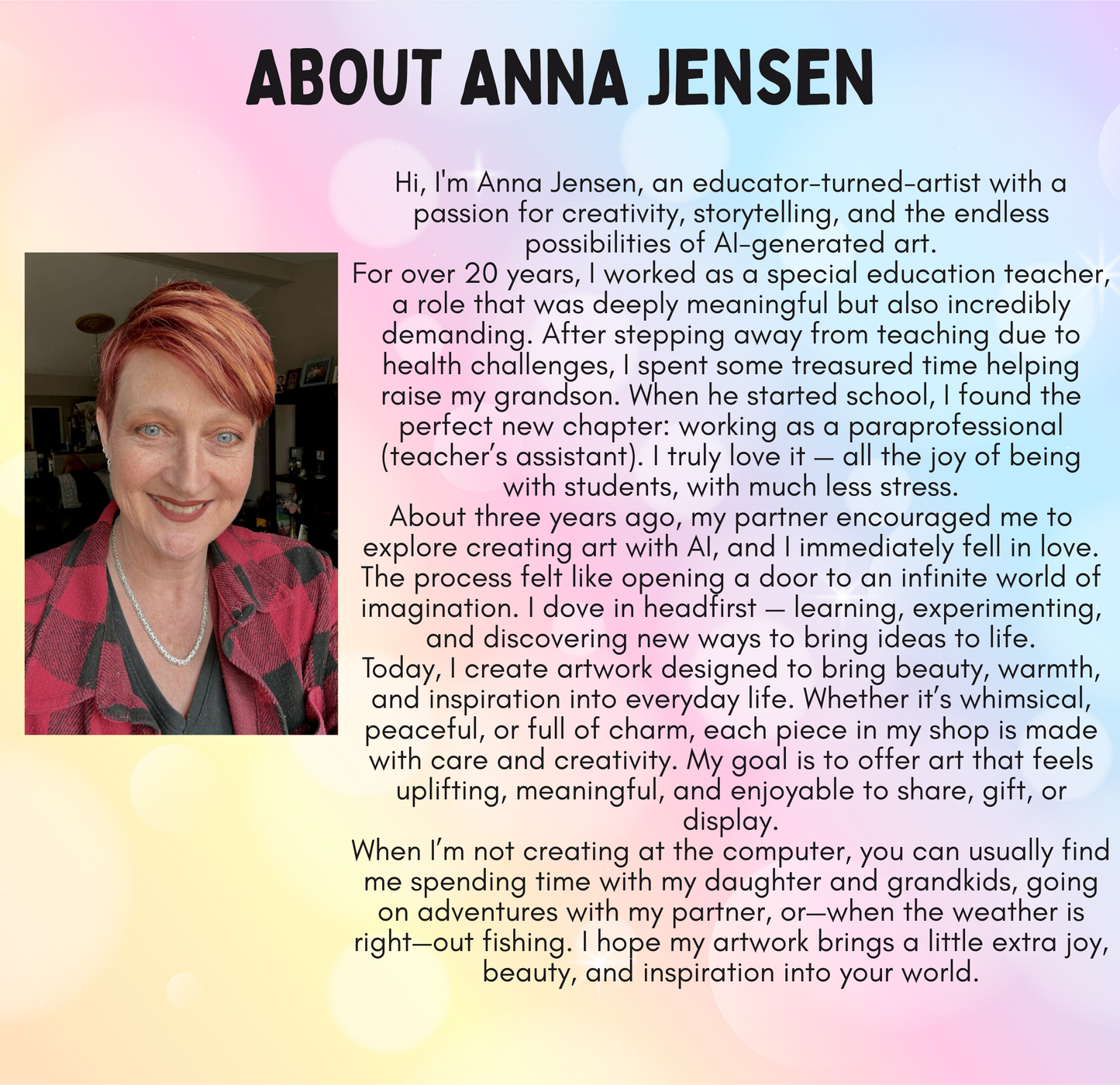 a woman with red hair and a warm smile, wearing a pink jacket. She is standing in front of a computer screen, which is displaying an image of a person. The image does not contain any text.