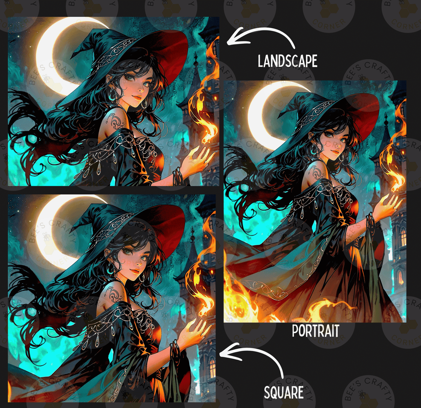 The image is a collage of three images depicting a woman with long, flowing hair and a witch's hat, surrounded by a mystical, fantastical landscape.
