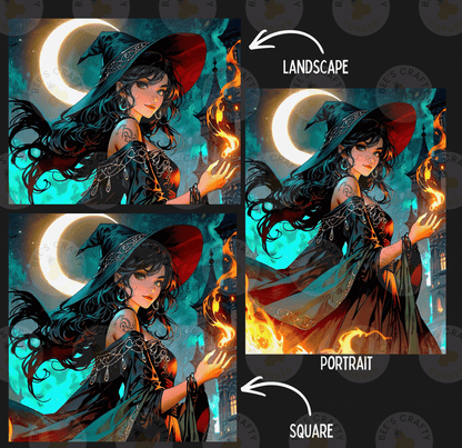 The image is a collage of three images depicting a woman with long, flowing hair and a witch's hat, surrounded by a mystical, fantastical landscape.