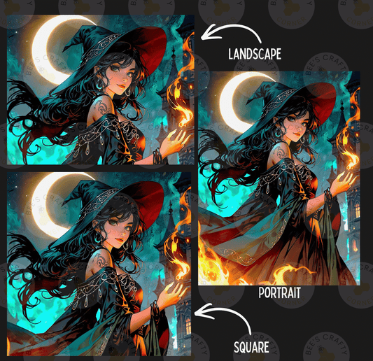 The image is a collage of three images depicting a woman with long, flowing hair and a witch's hat, surrounded by a mystical, fantastical landscape.