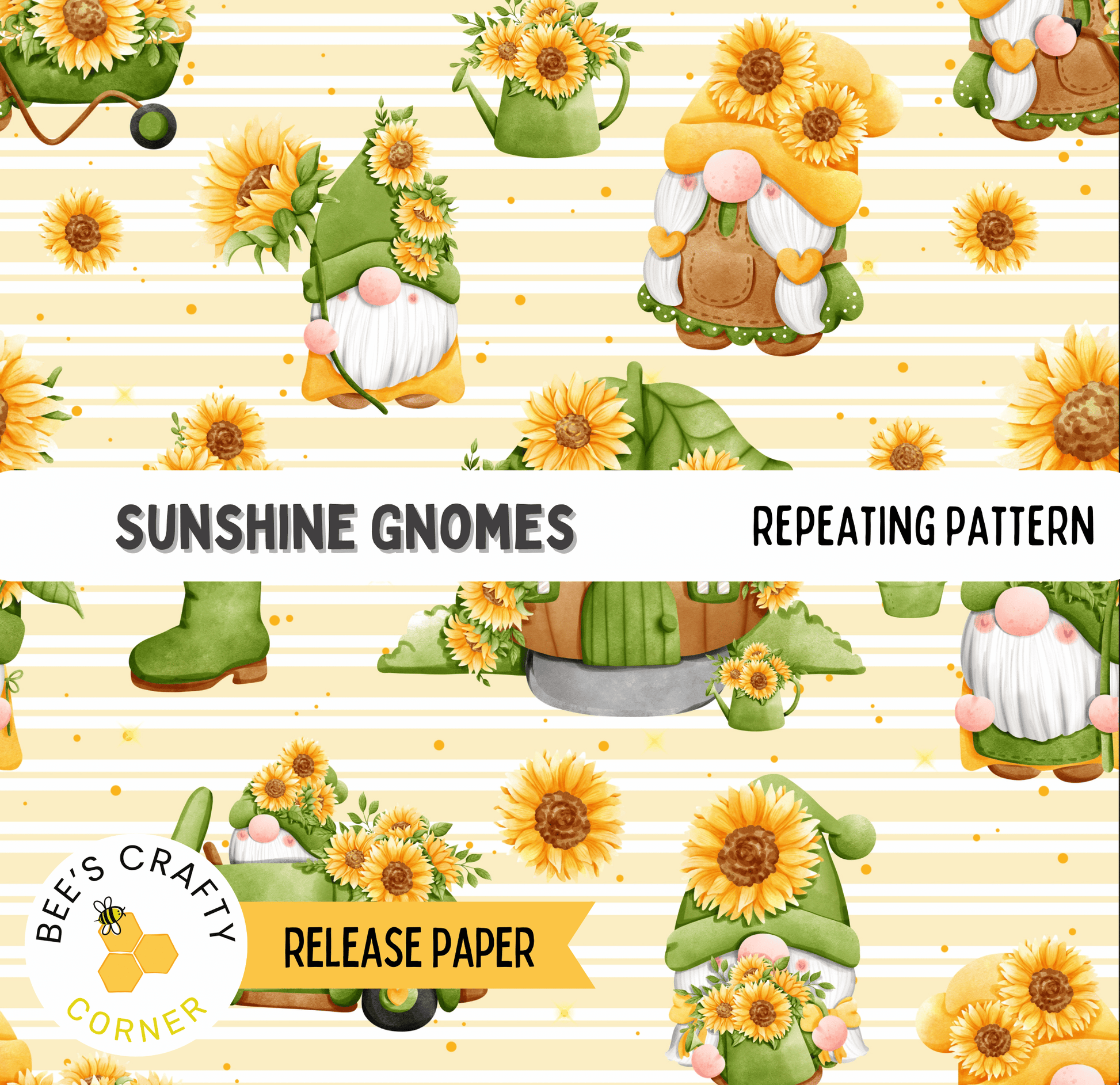 The image is a repeating pattern of cheerful, whimsical gnomes surrounded by vibrant sunflowers.