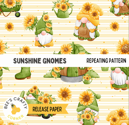 The image is a repeating pattern of cheerful, whimsical gnomes surrounded by vibrant sunflowers.