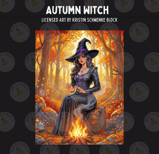 The image is a digital illustration featuring a woman dressed as a witch, sitting by a campfire in a forest setting with autumn foliage.