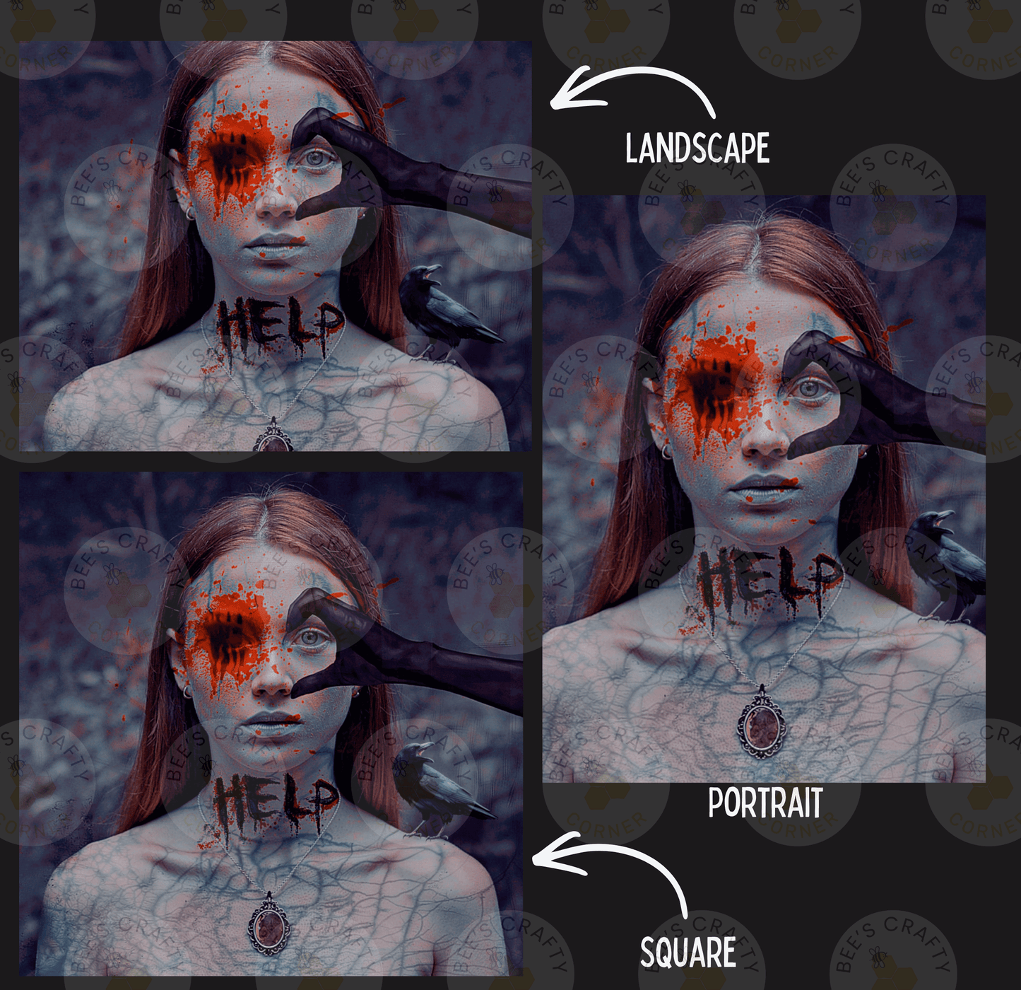 The image is a collage of three images depicting a woman with a bloodied face and the word "HELP" written on her neck. The first image shows the woman's face with the word "HELP" written on it, the second image shows the same woman's face with the word "HELP" written on her neck, and the third image shows the woman's face with the word "HELP" written on her neck.