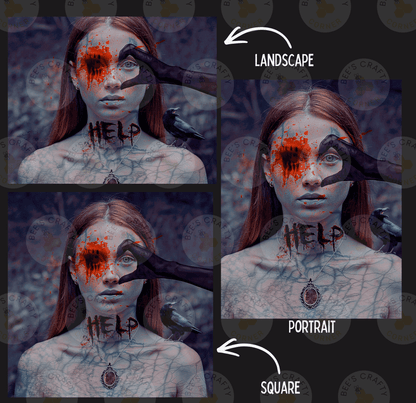 The image is a collage of three images depicting a woman with a bloodied face and the word "HELP" written on her neck. The first image shows the woman's face with the word "HELP" written on it, the second image shows the same woman's face with the word "HELP" written on her neck, and the third image shows the woman's face with the word "HELP" written on her neck.