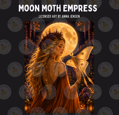 a woman with long, flowing hair standing in front of a large, full moon. She is wearing a crown and holding a butterfly in her hand. The background features a cityscape with tall buildings and a large, bright moon.